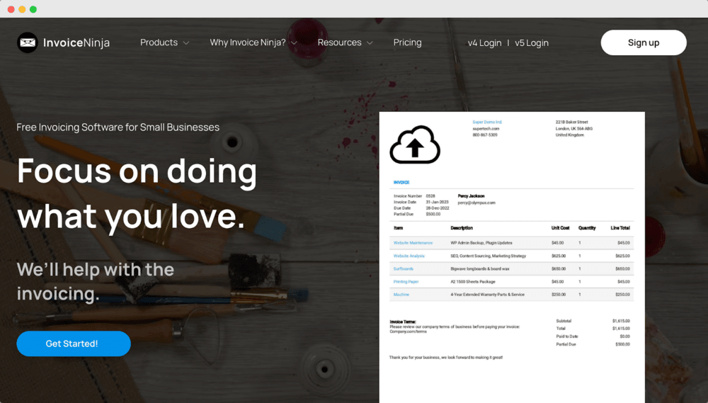 Invoice Ninja Hero section
