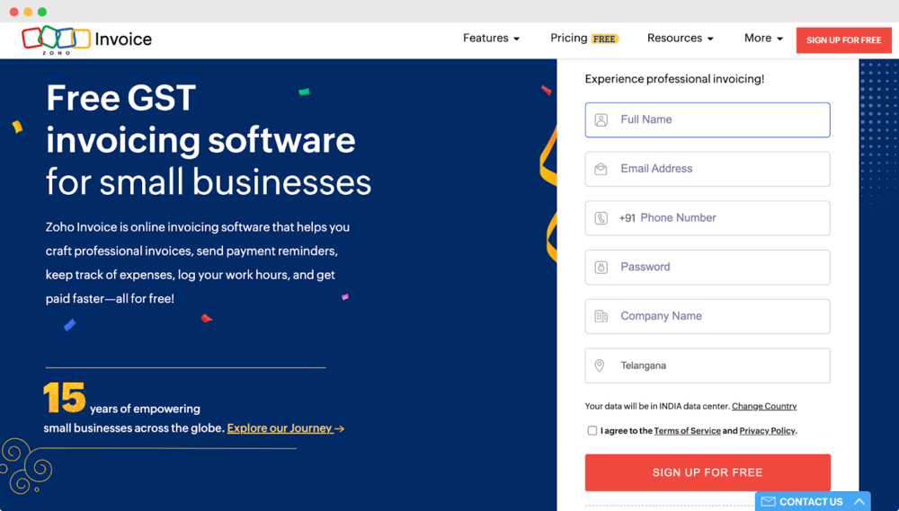 Zoho Invoice Hero section